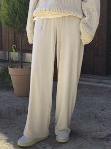 DAZY Chất rắn Túi nghiêng Quần ống rộng - Màu be - Xem 3