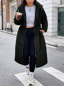 Flirla Plus Drawstring Waist Hooded Padded Padded Coat, For Winter Clothes - Black - View 3