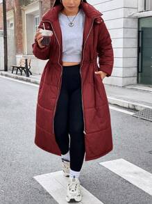 Flirla Plus Drawstring Waist Hooded Padded Padded Coat Clothes Winter - Burgundy - View 4