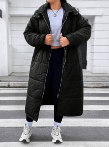 Flirla Plus Drawstring Waist Hooded Padded Padded Coat, For Winter Clothes - Black - View 5