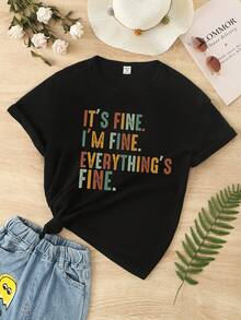 1pc Teen Girl Letter Printed Short Sleeve T-Shirt, Family Matching For Mommy And Me (4 Pieces Sold Separately) - Black - View 3