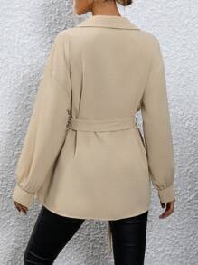 SHEIN LUNE Flap Pocket Drop Shoulder Belted Coat - Khaki - View 2