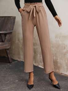 SHEIN Frenchy Paperbag Waist Belted Wide Leg Pants - Khaki - View 3