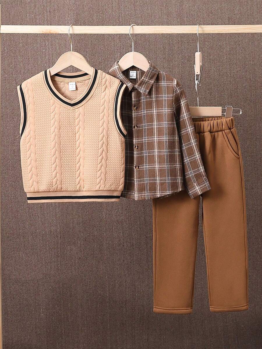 SHEIN Chàng trai trẻ 3 cái/bộ Nâu Lưới Ấm áp Đối với Mùa thu Và Mùa Đông - màu đen - Xem 1