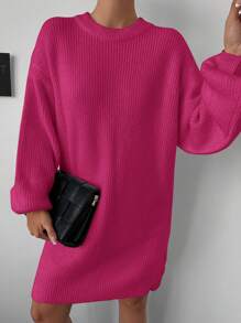 EURMUSE Women's Round Neck Solid Color Drop Shoulder Sweater Dress - Hot Pink - View 3