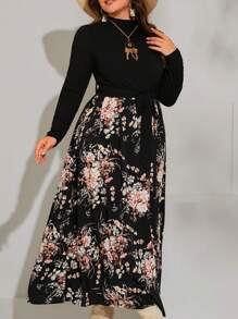 SHEIN VCAY Plus Floral Print Mock Neck Belted Dress - Multicolor - View 1