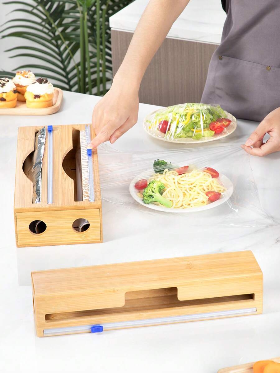 SHEIN Basic living 1 件天然竹箔包装带切刀，塑料包装卷和锡箔收纳盒，用于抽屉和墙壁，铝箔和蜡竹分配器用于厨房储物整理，可容纳 12 卷圣诞节礼物