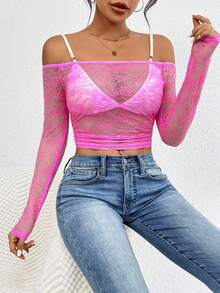 Allurite 一字肩短款蕾絲上衣不附胸罩 - 玫紅色 - 查看 4