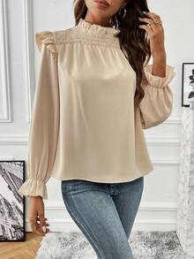SHEIN Privé 荷葉邊荷葉袖襯衫 - 杏色 - 查看 5