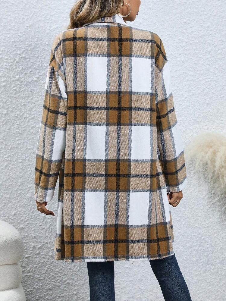 Plaid Print Lapel Neck Overcoat Fall Cloth For Women