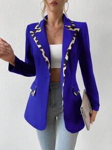 SHEIN Privé Contrast Trimmed Single Button Blazer - Royal Blue - View 3
