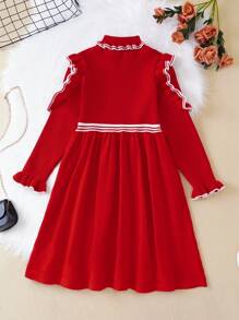 SHEIN Tween Girl Ruffle Striped Trim Flounce Sleeve Mock Neck Sweater Dress - Red - View 2
