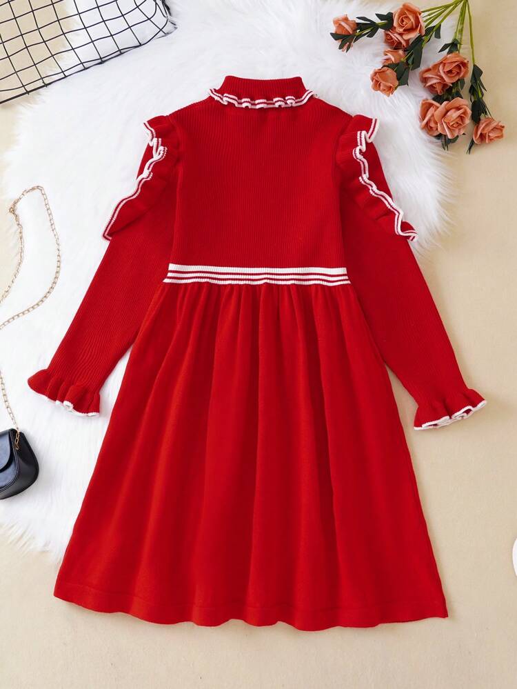 Tween Girl Ruffle Striped Trim Flounce Sleeve Mock Neck Sweater Dress