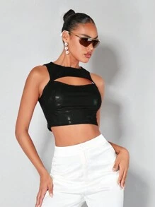 SHEIN BAE 前鏤空短款PU皮革背心上衣 - 黑色 - 查看 4