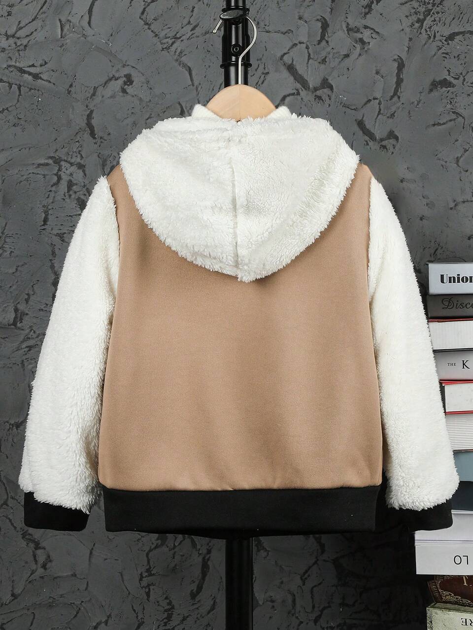 Boys' Cartoon Patchwork Fleece Hooded Jacket With Letter Design, For Teenager Autumn Fall