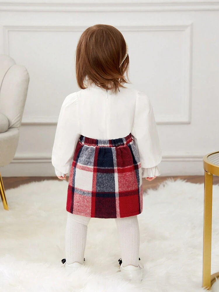 Baby Girl Ruffle Trim Flare Sleeve Bow Front Top & Plaid Print Skirt