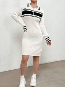 Lunelith SHEIN Lunessa Striped Pattern Quarter Zip Sweater Dress