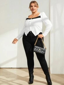 SHEIN Privé 大碼拼接邊泡泡袖不對稱下擺T恤 - 白色 - 查看 5