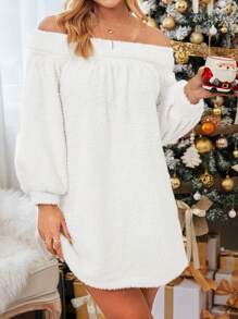 SHEIN Essnce Off Shoulder Lantern Sleeve Teddy Dress - White - View 5