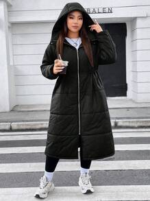 Flirla Plus Drawstring Waist Hooded Padded Padded Coat, For Winter Clothes - Black - View 7