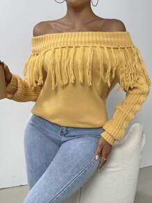 SHEIN Clasi Suéter de punto con hombros descubiertos y flecos para otoño e invierno - Amarillo - Ver 4