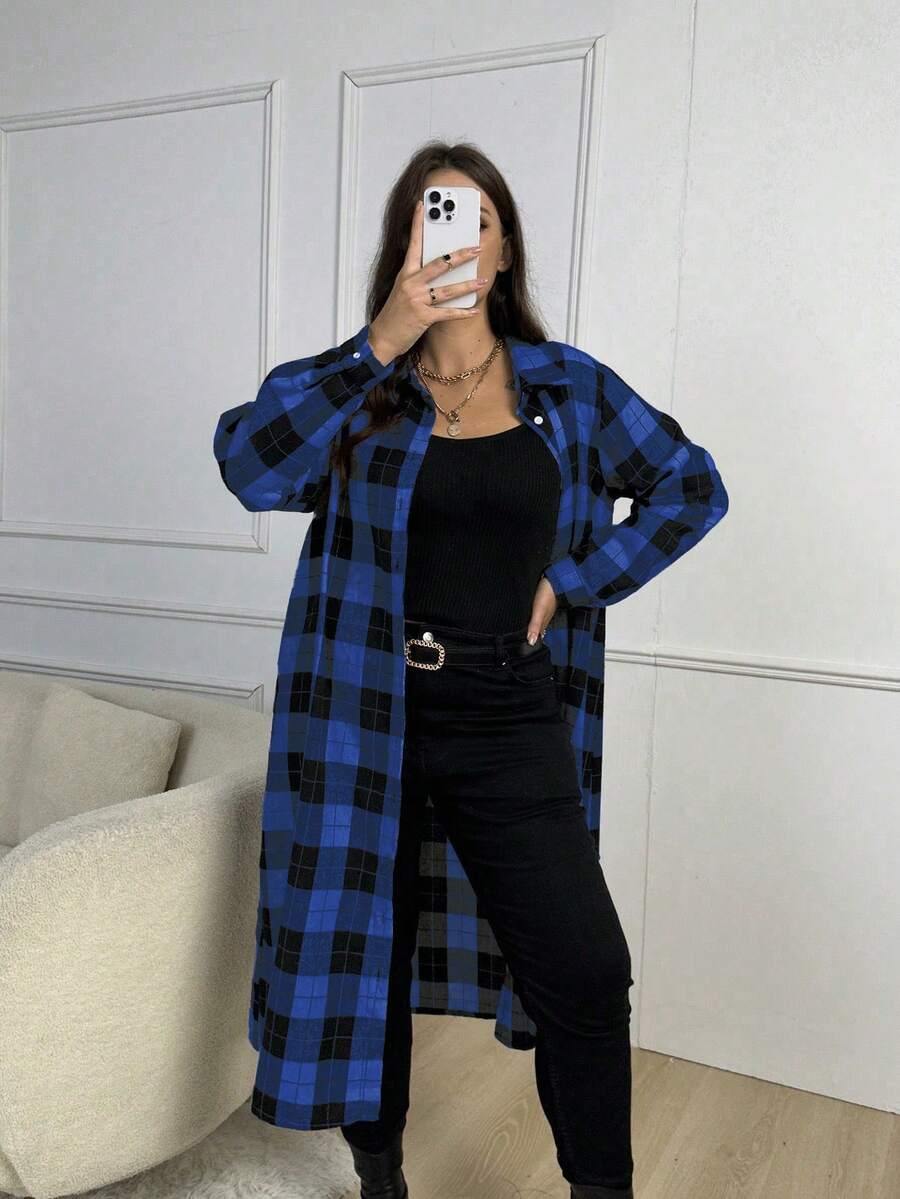 SHEIN LUNE 大碼女性格紋長款襯衫