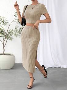 SHEIN Essnce Chất rắn Áo phông Crop & Tách đùi Váy - Màu be - Xem 1