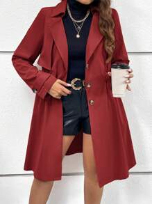 SHEIN Essnce Plus Lapel Neck Trench Coat - Burgundy - View 1