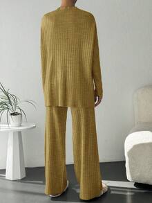 EURMUSE Mock Neck Button Detail Drop Shoulder Split Hem Sweater & Knit Pants - Army Green - View 2