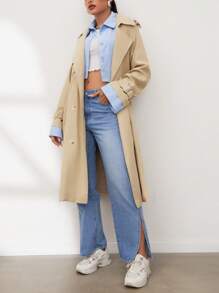 SHEIN Unity 優雅腰帶 雙排釦 口袋純色女士風衣外套 - 卡其色 - 查看 4