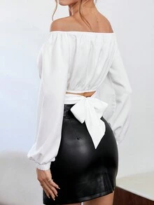 SHEIN Privé 一字肩後綁帶燈籠袖短款襯衫 - 白色 - 查看 2