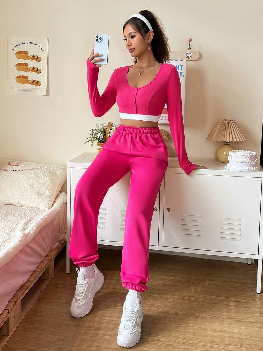 SHEIN EZwear Conjunto Rosa De Camiseta Y Shorts Para Mujeres - Rosa - Ver 1