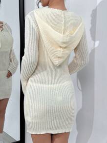SHEIN Unity Lace Up Front Hooded Sweater Dress Without Tube Top - Apricot - View 3