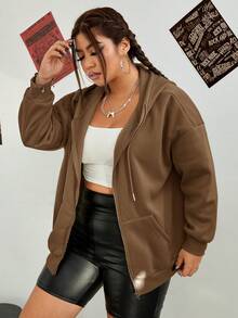 SHEIN Essnce Plus Zip Up Drop Shoulder Drawstring Thermal Lined Hoodie - Mocha Brown - View 5