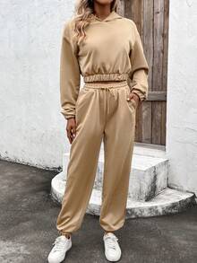 SHEIN LUNE Của phụ nữ Áo nỉ có mũ Và Quần thể thao Bộ - Màu Khaki - Xem 5