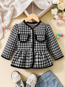 SHEIN Young Girl Houndstooth Print Contrast Binding Peplum Overcoat