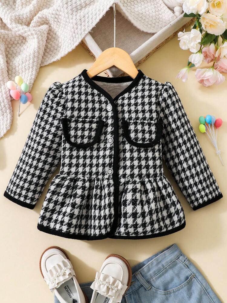 Young Girl Houndstooth Print Contrast Binding Peplum Overcoat