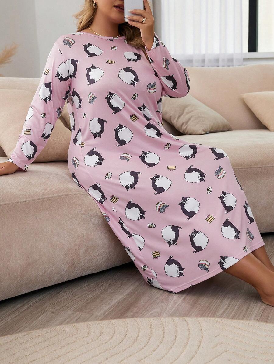 Vestido de pijama de talla grande con estampado de dibujos animados, vestido largo - Rosa - Ver 1