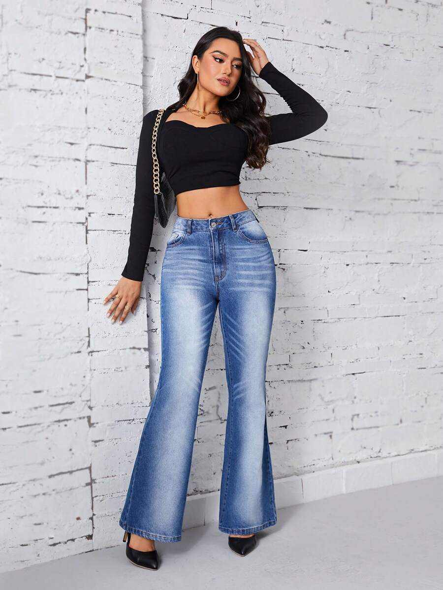 SHEIN Privé Washed Bootcut Denim Trousers - Blue - View 1