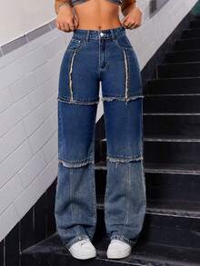 SHEIN ICON Xén Thô quần ống rộng Quần jean - Rửa trung bình - Xem 2