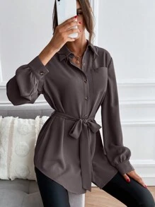 SHEIN LUNE Solid Button Front Belted Shirt Dress Fall Cloth For Women - Chocolate Brown - View 4
