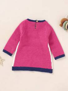 Baby Girl Cartoon Pattern Keyhole Back Sweater Dress - Hot Pink - View 2