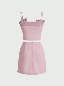 SHEIN MOD Solid Bow Detail Cami Top & Skirt - Pink - View 2