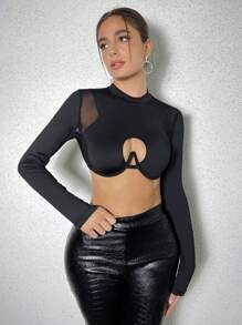 VaVaBold Atasan Wanita Kontras Mesh Memotong Sheer Plain Seksi - Hitam - View 1