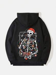 ROMWE Giáng sinh In Bộ xương Túi kangaroo Dây rút Áo hoodie ấm áp - màu đen - Xem 1