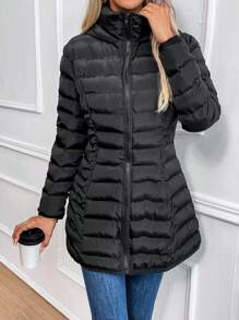 SHEIN LUNE Áo khoác có mũ trùm đầu có khóa kéo phía trước dành cho nữ Quần áo mùa đông - màu đen - Xem 5
