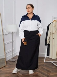 SHEIN Essnce Plus Two Tone Drop Shoulder Shirt - Multicolor - View 1