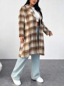 SHEIN EZwear 加大尺碼單排扣格紋羊毛外套