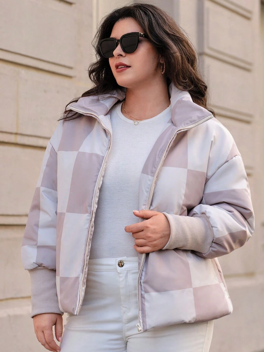 SHEIN Essnce Plus Plaid Print Drop Shoulder Zip Up Padded Coat - Multicolor - View 1