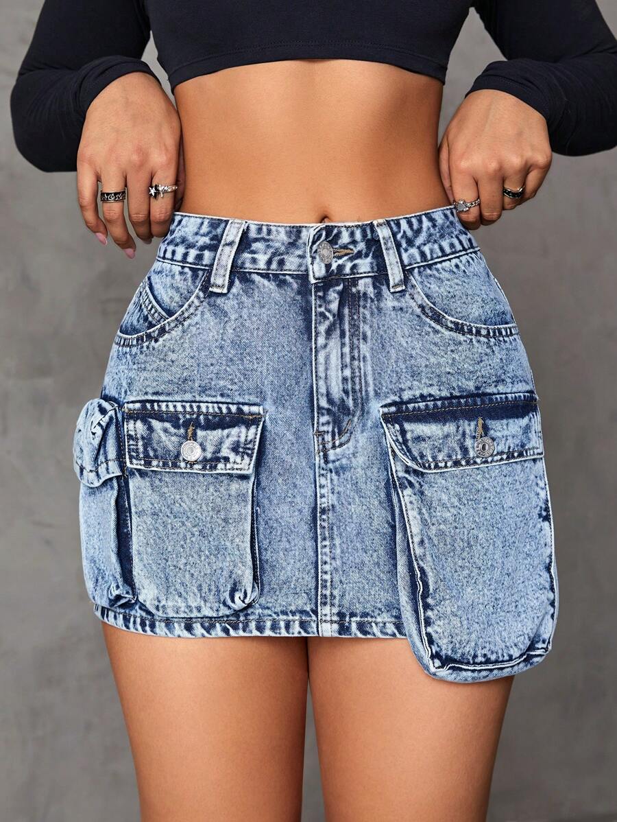 SHEIN ICON 翻蓋口袋牛仔半身裙 - 淺色水洗藍 - 查看 1